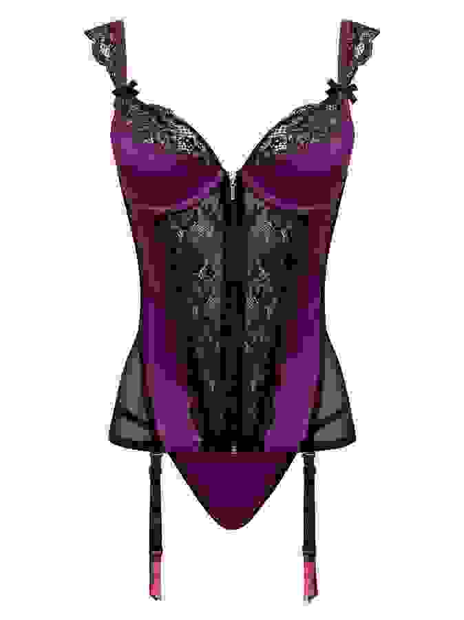 Lovehoney Plus Size Treasure Me Purple Push-Up Basque Set, Purple, hi-res
